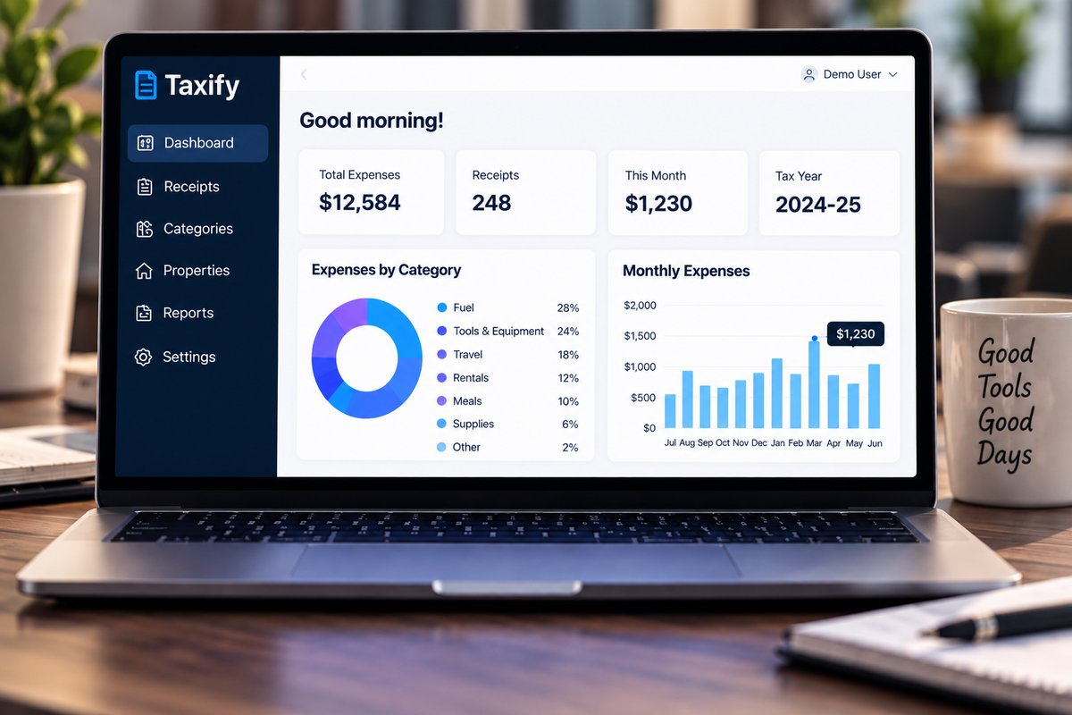 Taxify open on a laptop, showing the year's totals, expenses by category and a month-by-month chart