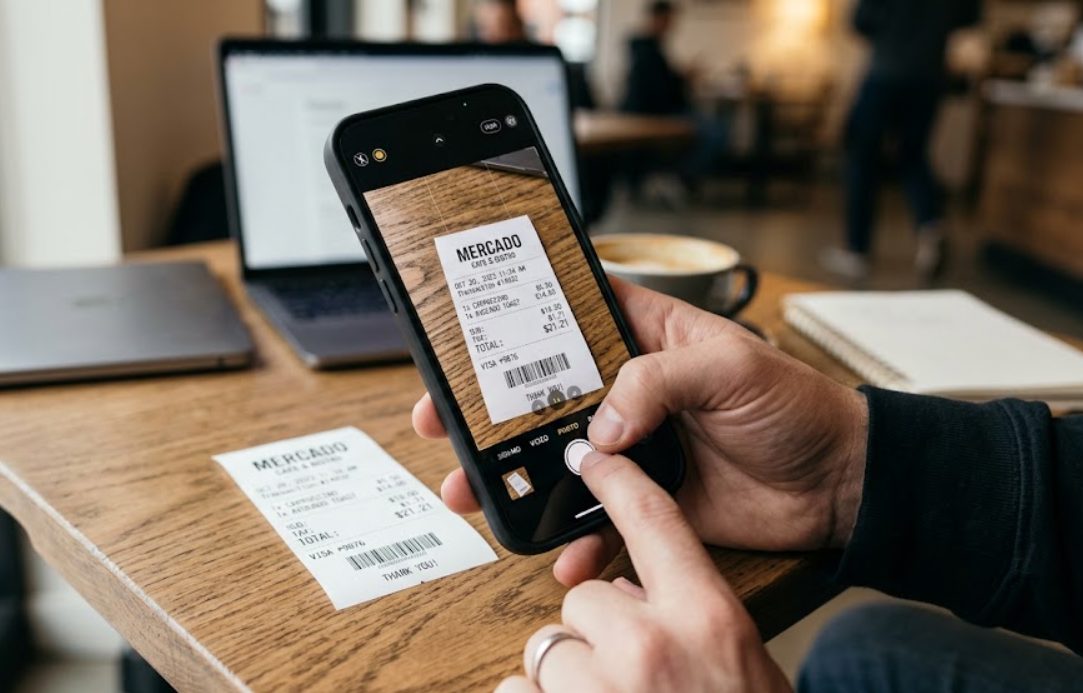 A caf&eacute; receipt on a wooden table being photographed with a phone, the shot already framed on screen
