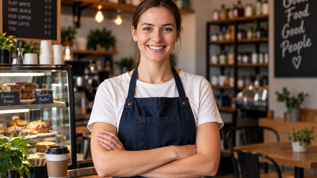 A small-business owner standing in her caf&eacute;
