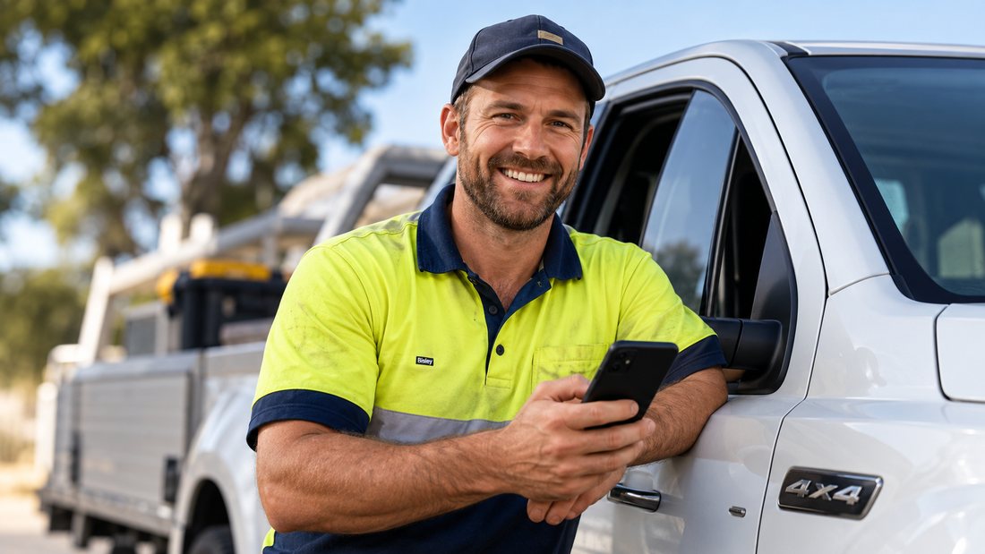 A tradesman leaning against his ute, phone in hand